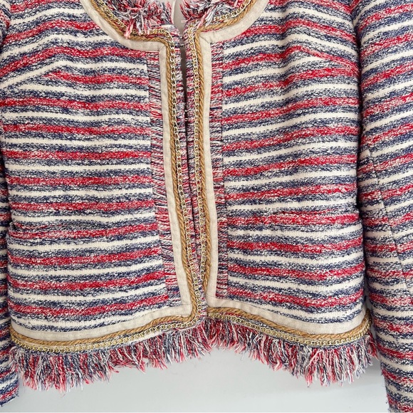 ANTHROPOLOGIE x Boston Proper Multicolor Tweed Striped Fringe Chain Jacket Sz 2 - Picture 3 of 16
